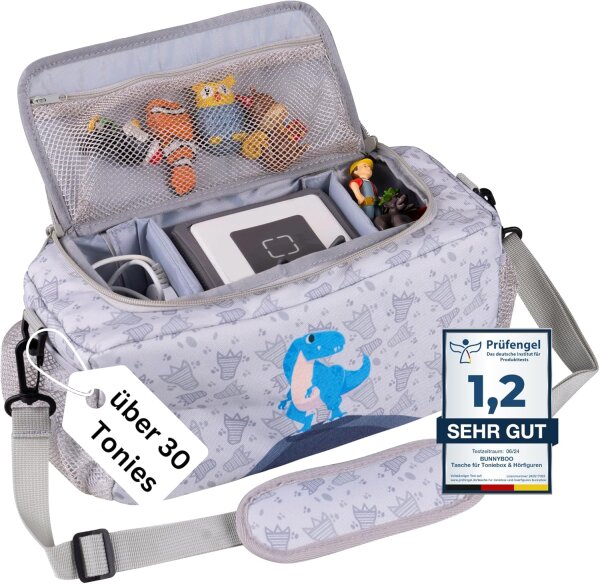 bunnyboo Toniebox Tasche für 30 Hörfiguren - Ideale Tonie Aufbewahrung - Tonie Tasche XXL - Ausreichend Platz für Toniebox, Hörfiguren, Ladekabel und Kopfhörer - Inkl. Schultergürtel… (Dino)