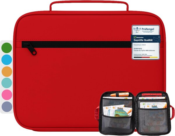 bunnyboo TipToi Tasche -  Platz für bis zu 8 Bücher - mit Einsatz für Tiptoi Stift, TipToi Kabel und Batteriefach - Tasche für TipToi Stift gehört in jedes Starterset TipToi (Rot)