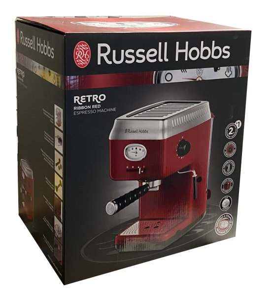 Russell Hobbs Espressomaschine Retro Rot Siebtr&auml;ger (15 Bar, 2 Tassen-Eins&auml;tze, 1,1l abnehmbarer Wassertank, Dampf-Milchschaumd&uuml;se, Portionierl&ouml;ffel mit Tamper) Kaffeemaschine