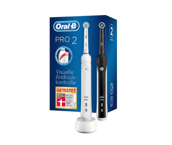 Oral-B PRO 2 2900 Elektrische Zahnbürste/Electric Toothbrush, Doppelpack mit 2 Aufsteckbürsten, mit 2 Putzmodi und visueller Andruckkontrolle für Zahnpflege, Geschenk für Sie/Ihn, schwarz & weiß