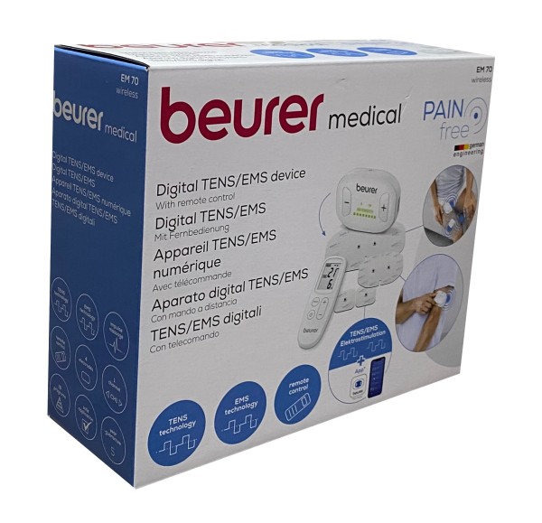 Beurer EM 70 Wireless TENS / EMS Gerät, kabelloses Reizstromgerät zur Schmerztherapie, Muskelstimulation und Massage, mit App, inklusive 4 Elektroden