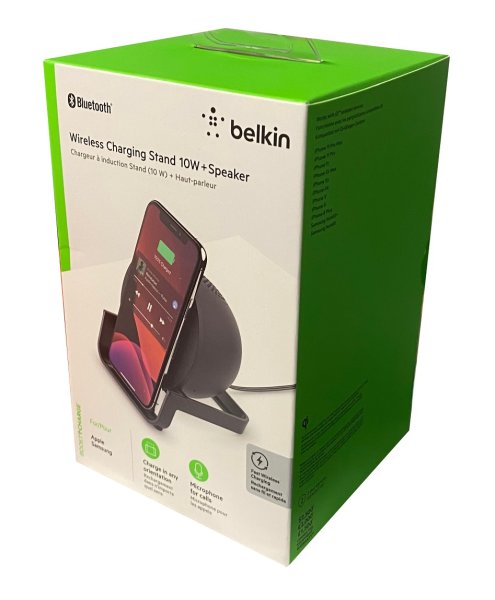 Belkin drahtloser BoostCharge Ladeständer, 10 W mit Bluetooth Lautsprecher (schnelles drahtloses Ladegerät mit Speaker für das iPhone und Geräte von Samsung und Google, integriertes Mikrofon, Schwarz)