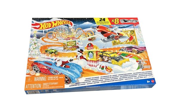 Hot Wheels HCW15 - Adventskalender 2022 für Kinder mit Spielzeug für 24 Tage, enthält 8 weihnachtliche Spielzeug-Autos, diverses Zubehör und Rennbahn, ab 3 Jahre