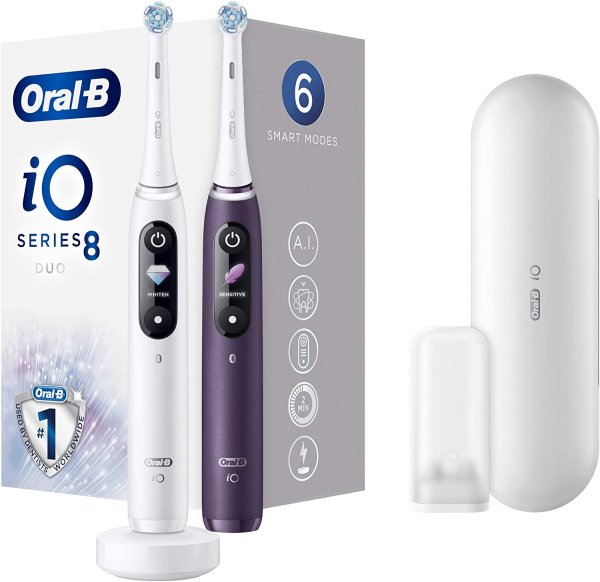Oral-B iO 8 Doppelpack Elektrische Zahnbürste/Electric Toothbrush mit revolutionärer Magnet-Technologie & Mikrovibrationen, 6 Putzprogramme, Farbdisplay & Reiseetui, white alabaster/violet ametrine