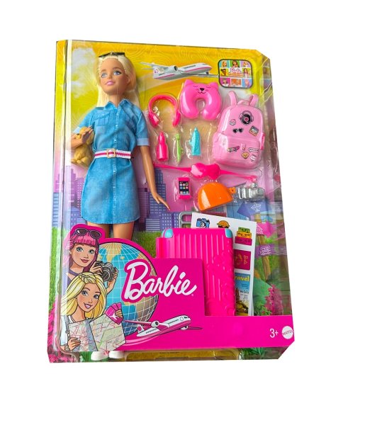 Barbie FWV25 - Barbie Travel Puppe (blond) mit Hündchen, aufklappbarem Koffer, Stickern und mehr als zehn Accessoires, Spielzeug ab 3 Jahren