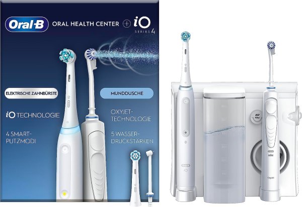 Oral-B Oral Health Center Munddusche mit Oxyjet-Technologie für Zahnreinigung, 2 Ersatzdüsen & iO Series 4 Elektrische Zahnbürste/Electric Toothbrush, 2 Aufsteckbürsten, 4 Modi für Zahnpflege, weiß