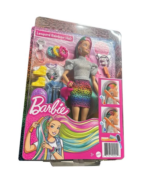 Barbie-Puppe Leopard mit regenbogenfarbenen Haaren, Barbie-Puppe mit blonden und regenbogenfarbenen Haaren, Barbie-Kleidung, Barbie-Accessoires, 16 Teile, 1 Barbie-Puppe inklusive,GRN81