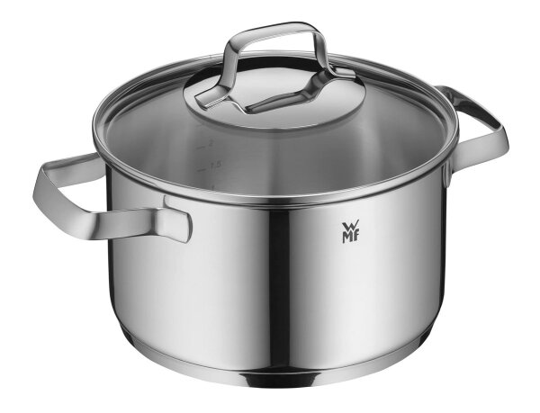 WMF Belmonte Kochtopf klein 16cm, kleiner Topf mit Glasdeckel, Nudeltopf, Fleischtopf Induktion 1,9l, Cromargan Edelstahl poliert, unbeschichtet